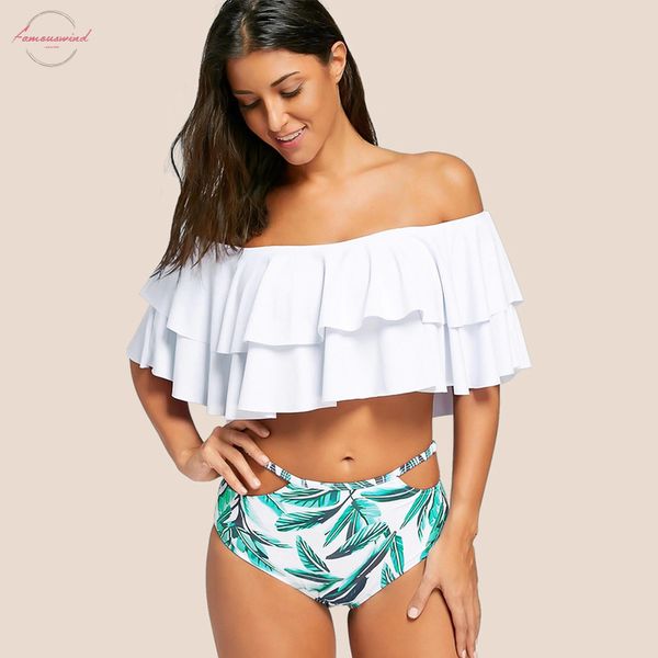 

womens bikini two piece off shoulder swimsuits ruffled flounce crop bikini solid bottom bathing suit drop shipping, White;black