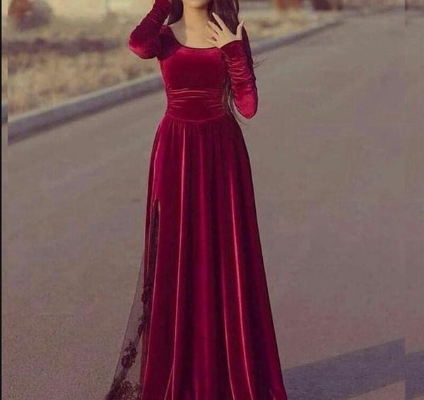 

new arrival long sleeves scoop velet evening dresses abendkleider 2019 dubai arabic long dresses party gowns abiye formal prom dress, Black;red