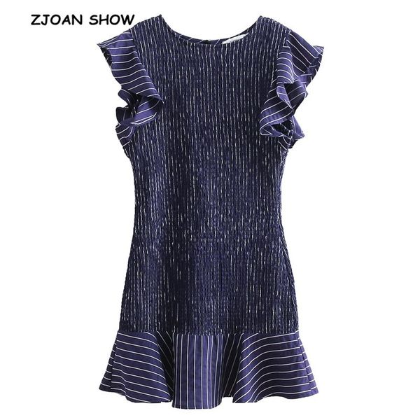 

retro o neck ruched elastic navy blue white striped mermaid dress 2019 summer new women ruffles short sleeve mini short dresses, Black;pink