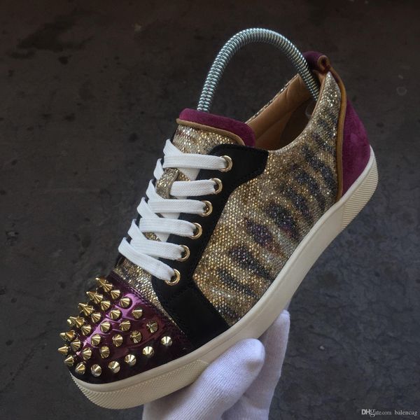 

women's brand studded sneakers red bottom shoes comfort spikes + glitter leather + low red sole junior spiked trainers party wedding, Black