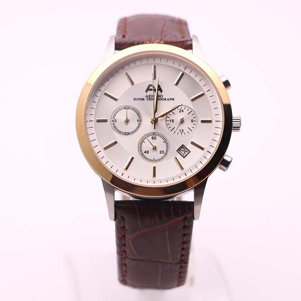 

aehibo economic mens watches quartz super chronograph watch 43mm white dial pin buckle date window brown leather strap wristwatches, Slivery;brown