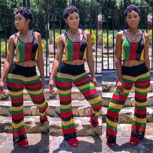 

2pcs pants striped sleeveless tie fashion womens 2pcs sets high waist plaid female apparel summer ladies mesh, White