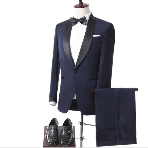 

2019 new dark blue formal tuxedos suits shawl lapel men wedding suit slim fit business groom suit set (jacket+pants +bow), Black;gray