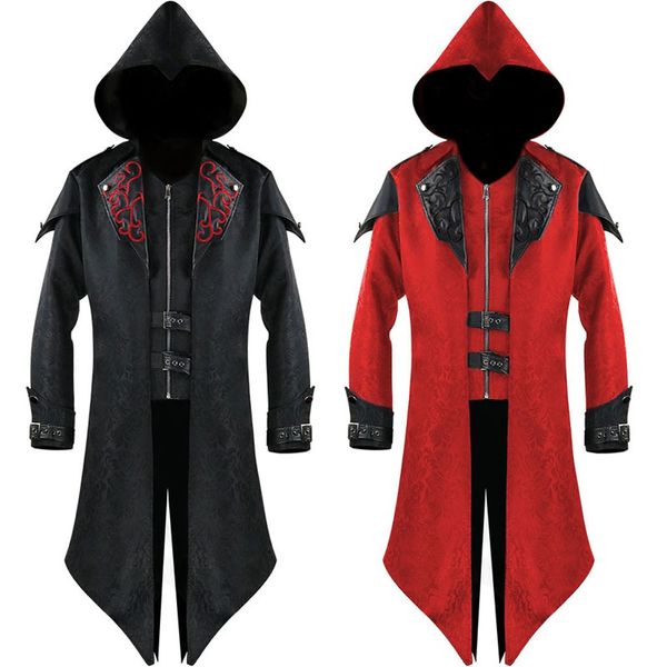 

gothic steampunk coat men vintage long jacket men back slit tailcoat uniform cosplay coat hooded streetwear jacket de8, Black;brown