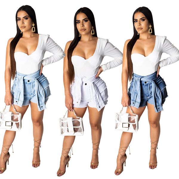 

women retro jeans shorts summer high waisted fake two pieces denim jean shorts tassels casual short pants, White;black