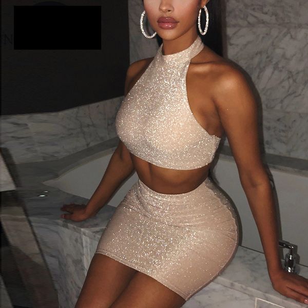 

selling party outfits female halter backless sheath two-piece women's short skirt set multi colors matching sets, White