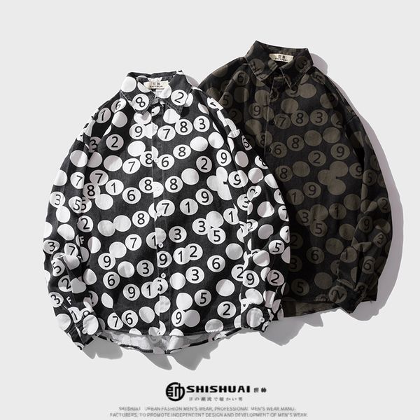 

2019 autumn new american retro digital print shirt male long sleeve tide brand hip hop loose shirt thin japanese streetwear 50cs, White;black