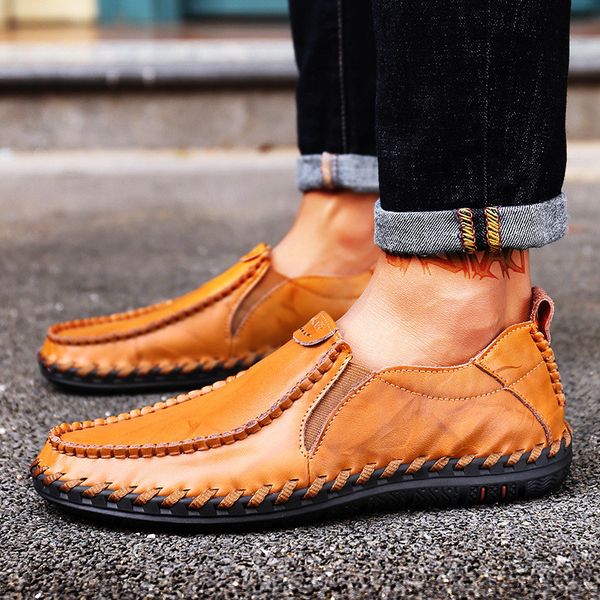 

limeike men genuine leather casual shoes outdoor men loafers handmade sewing moccasins breathable loafers casual boat shoes, Black