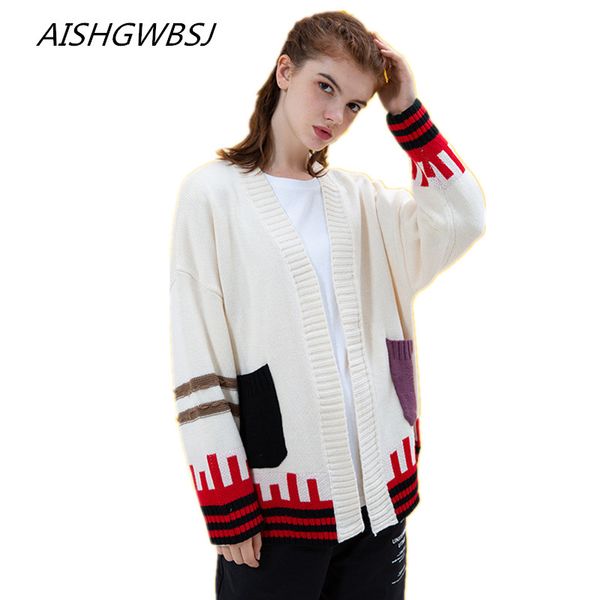 

2019 new women's spring and autumn cardigan sweater coat loose outside sweater knit thin personality fashion jacket tq567, White;black
