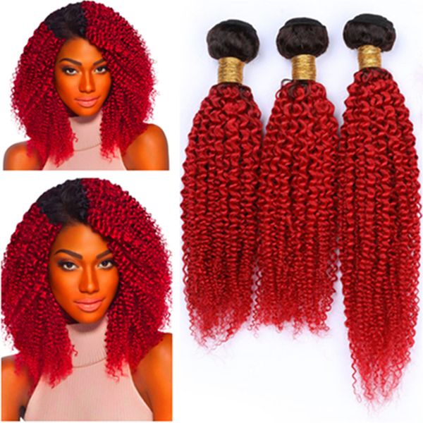 2019 1b Red Ombre Kinky Curly Human Hair Weave Bundles 300g
