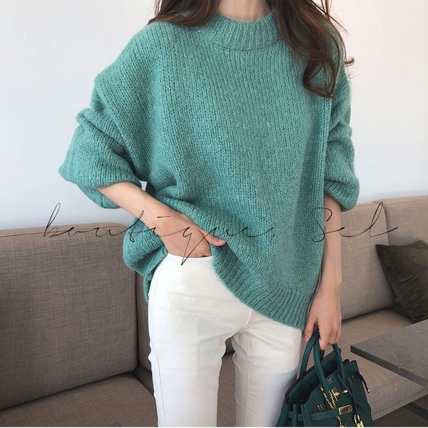 

woman fall 2019 green casual pullover sweater oversize o-neck knitted sweater batwing sleeve knitted korean fashion, White;black