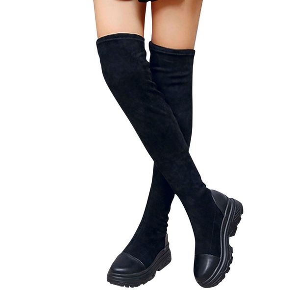 

knee length boots women's fashion platform winter slip on flock warm boots lady female slim thigh high shoes botas 35-43, Black