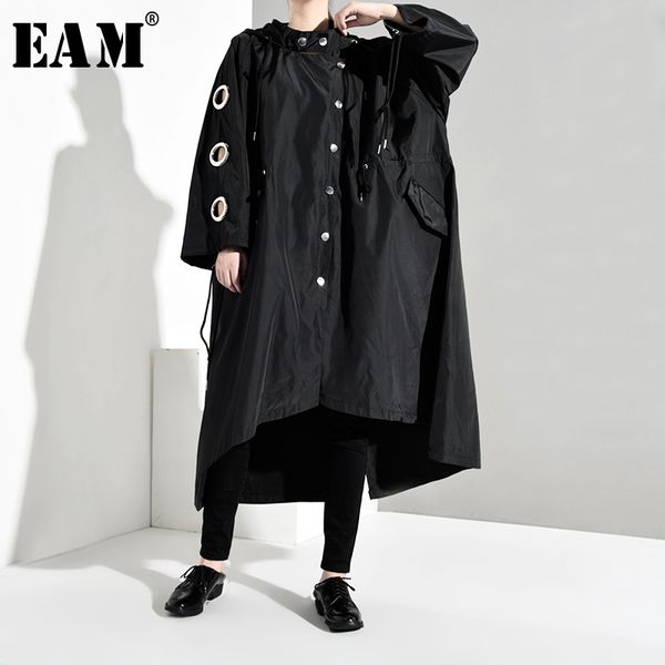 

eam] women black hollow out print big size trench new hooded long sleeve loose fit windbreaker fashion autumn winter 2019 1b066, Tan;black