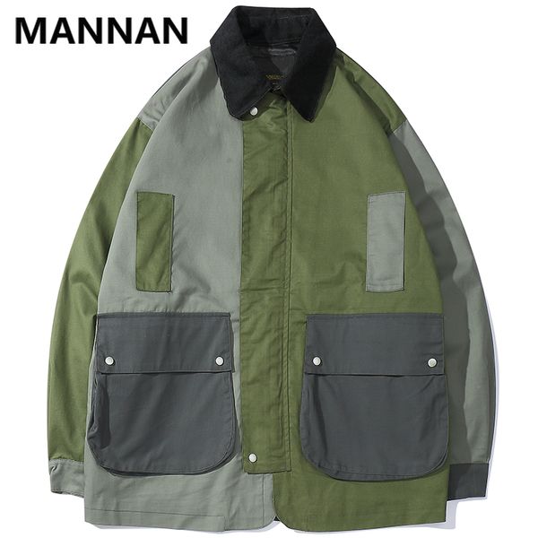 

маннан цвет часы лоскутная мужчины trench 2019 осень зима вскользь streetwear куртка harajuku hip hop карманы ветровки, Black;brown