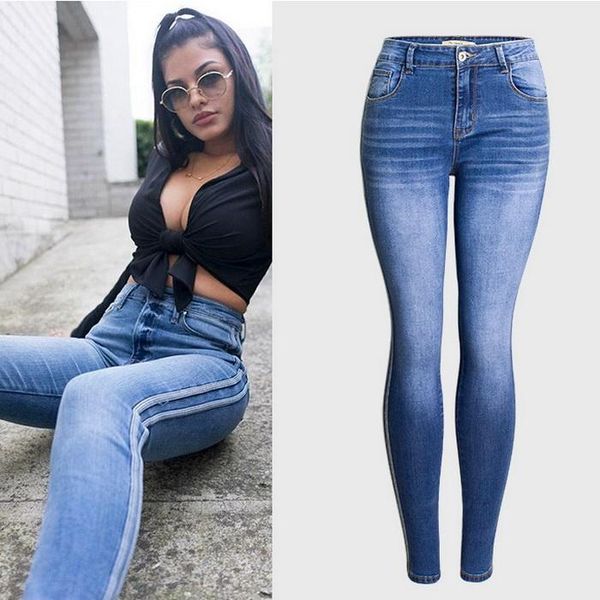 

women slim fit leg elasticity jeans bleach wash vintage cowboy pants female, Blue