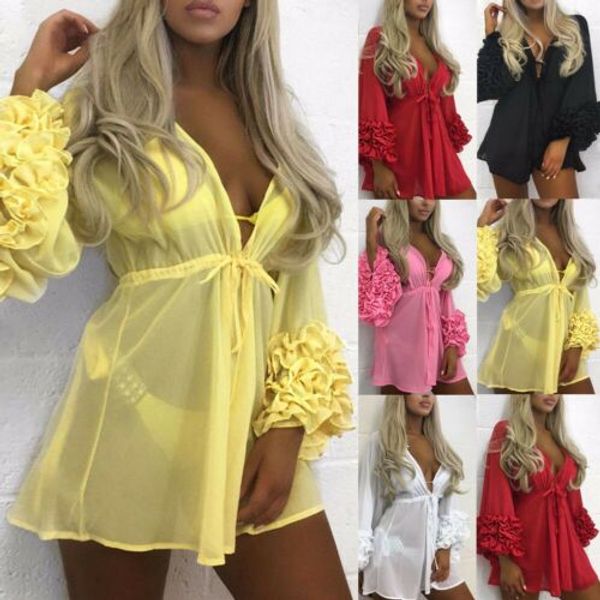 

лето женщины купальник бикини cover up ruffles beach sexy cover ups шифон v-образным вырезом платье элегантный твердая пляж купальный костюм, White;black