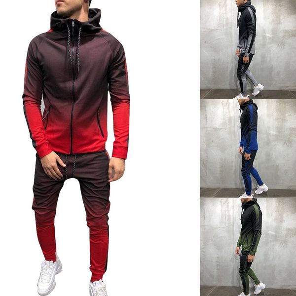 

puimentiua 2019 spring autumn men thin tracksuit sets hoodie sweatsuit&pencil pants 2 pcs suit fashion gradient joggers suit, Gray