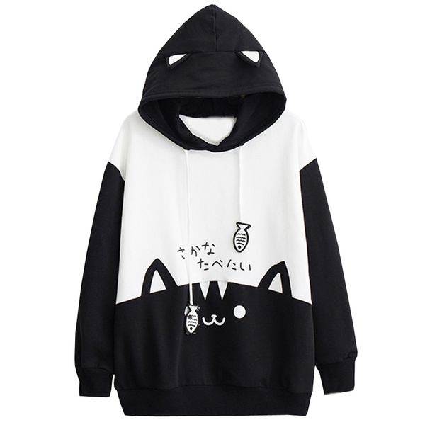 

autumn winter women hoodie sweatshirts pullover kawaii cat print pocket streetwear loose women hooded hoodies clothes moletom, Black