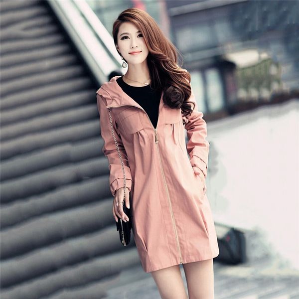 

spring women coats windbreaker new mid long large size 6xl trench autumn slim female solid color windproof hooded outerwear h506, Tan;black