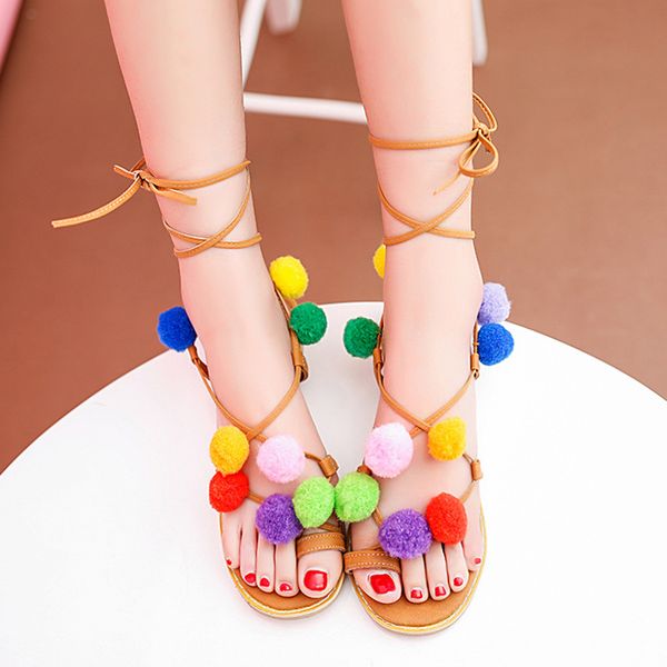 

bohemia women sandal 2019 new gladiator lace up knee high flat sandal flower plush ball women shoe summer roman sandals, Black