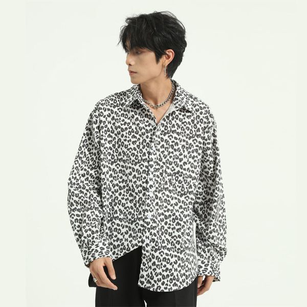 

new male streetwear hip hop loose dress shirts men leopard print vintage fashion casual long sleeve shirt, White;black