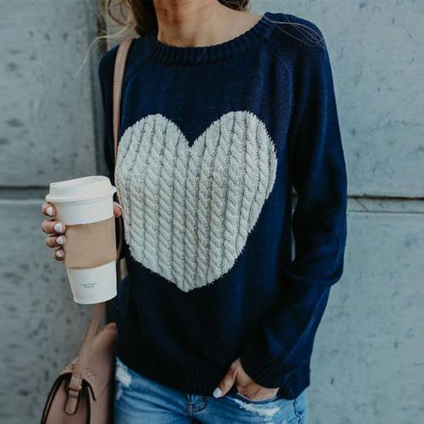 

2019 autumn winter women sweaters heart pattern printed long sleeve o-neck lovely pullovers knitted loose sweaters, White;black