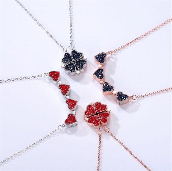 

new fashion s925 silver necklaces creative double sided four heart clover pendant lucky grass clavicle chain folding necklaces, Golden;silver
