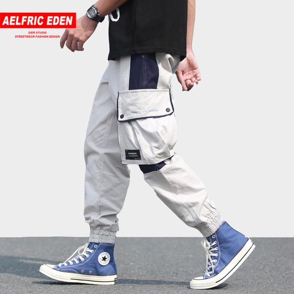 

aelfric eden big pockets color block casual pants men 2019 spring harem pants skateboard joggers loose fashion hip hop trousers, Black