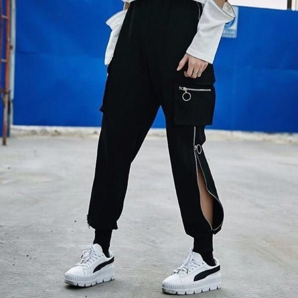 

eachin women fashion zipper cargo pants black elastic waist loose streetwear jogger trousers female plus size casual sport pants, Black;white