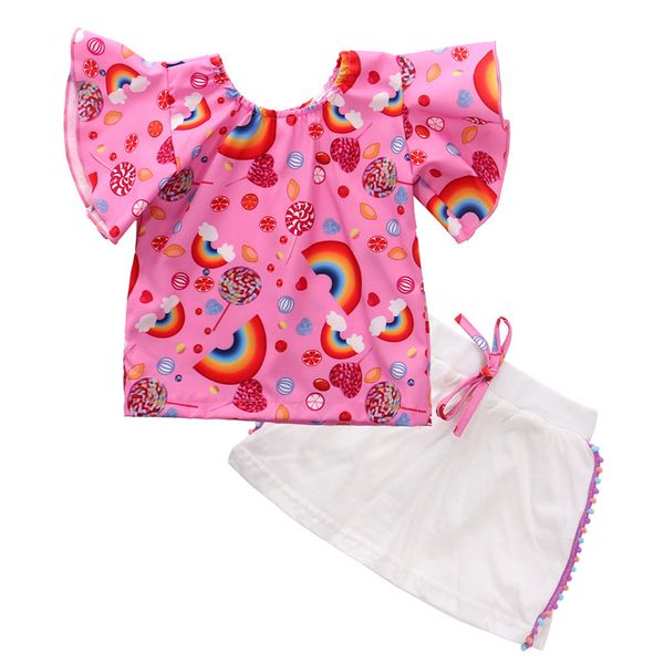 

fashion girls sets summer rainbow print children short sleeve t-shirt+solid skirts 2pcs kids suit fashion 1-5t children clothes, White