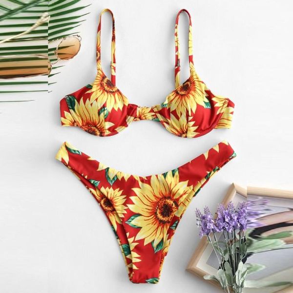 

sunflower print push-up pad swimwear vintage women patchwork bikini high cut thong swimsuit halter beachwear set 2020