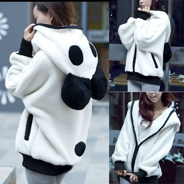 

women coats cute bear ear panda autumn winter warm plush hoodie coat women panda jacket outerwear overcoat #45, Black