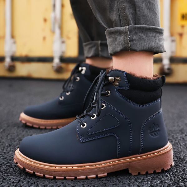 

winter men boots pu outdoor snow ankle boots male lace up anti-slip booties british sneakers, Black