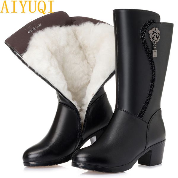 

aiyuqi women's winter boots 2019 new fashion genuine leather warm wool boots. women motorcycle ladies shoes big size 41 42 43, Black
