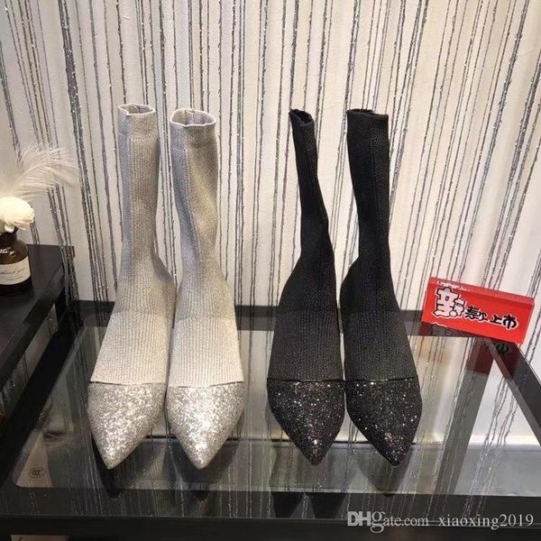 

size 35-39 women boots silver gold boots sock shoes diamond boot high-heeled shoes party shoes sandals, Black