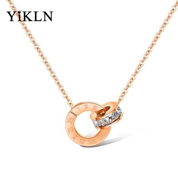 

yikln mosaic cubic zirconia double circle pendant necklace stainless steel choker wedding necklaces jewelry collier yn17032, Silver