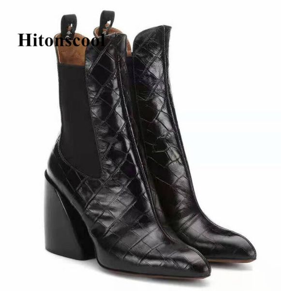

leather boots women genuine pointed toe mid heel ankle boots thick square heel slip on western cowboy women 2020 new, Black