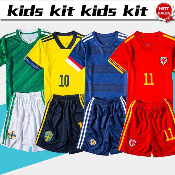 

kids kit national team scotland sweden soccer jerseys 19/20 child suit northern ireland green wales #11 bale football uniform jersey+shorts, Black