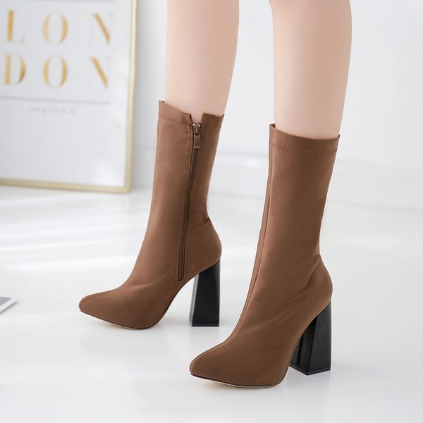 

zip new women's boots brown elastic boots high thick heel 10cm heel pointed women's shoes luxury designers, Black