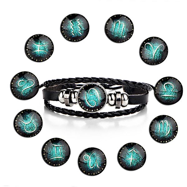 

fashion 12 constellations leather zodiac sign with beads bangle bracelets for men boys adjustable bracelet jewelry gifts, Black