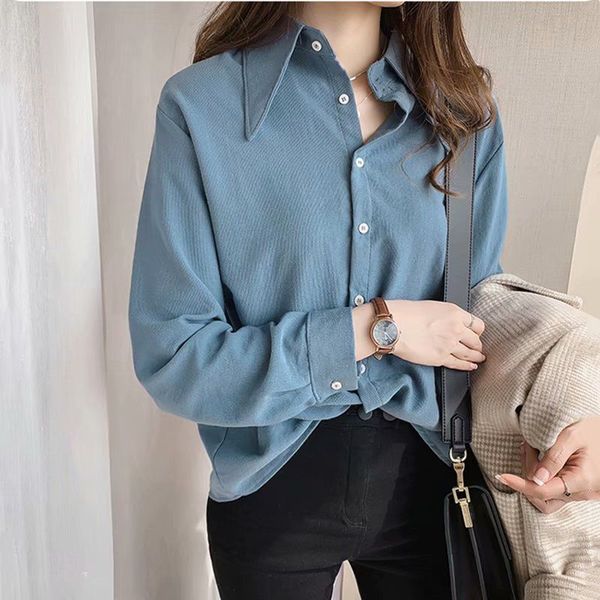 

casual loose women shirts collar plus size blouse long sleeve buttons shirt women, White