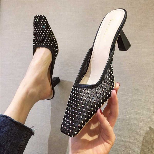 

pointed toe thin heels glitter slides female shoes med ladies' slippers cover jelly 2020 microfiber rubber strange style pu, Black