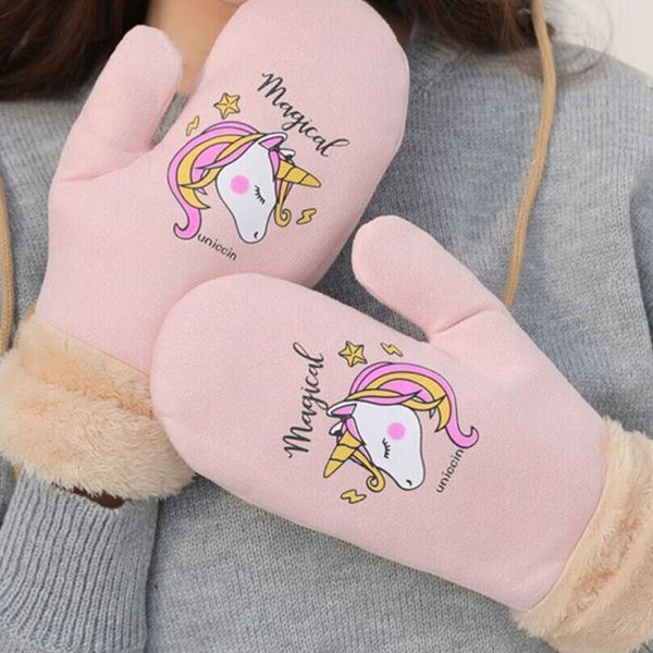 

women winter thick faux wool cashmere warm halter cycling mittens famale lovely cartoon unicorn pattern suede leather gloves, Blue;gray
