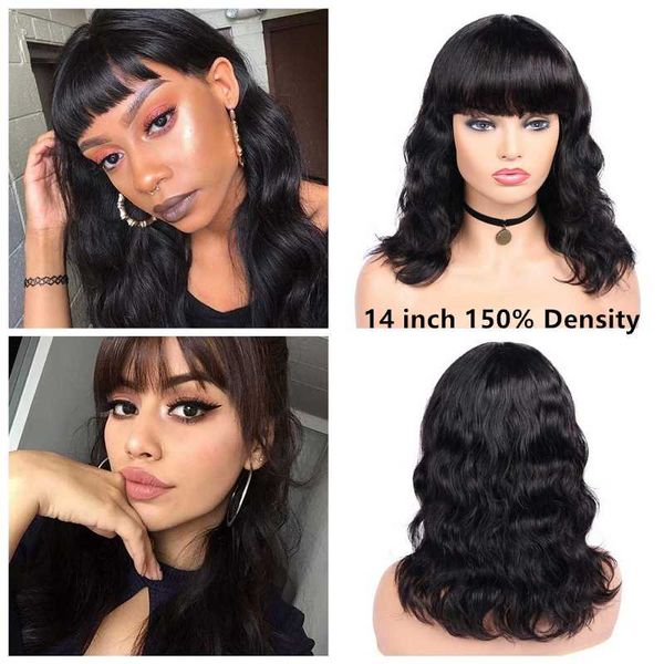 

lace wigs short bob natural wave wig with bangs brazilian hair silk base headspin pre plucked 150% density bleached knots, Black;brown