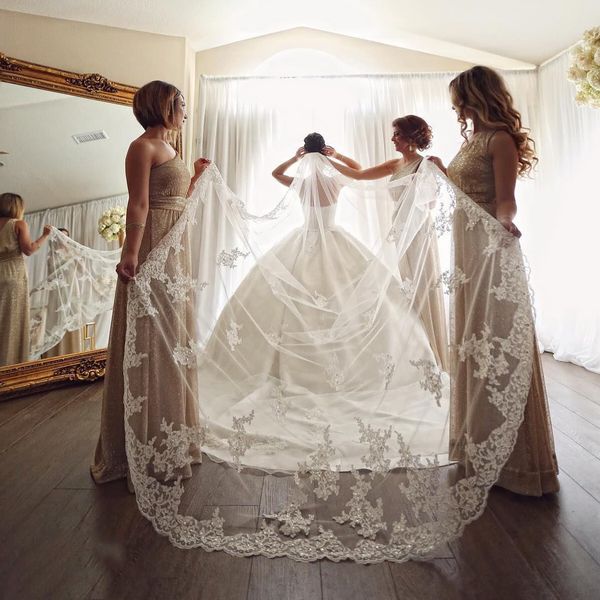 

bling crystal beads bridal wedding veils cathedral chapel length lace edge 3m long customized with comb272n, Black