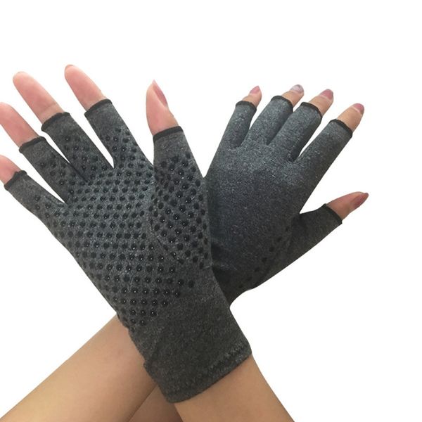 

1 pair men women physiotherapy therapy compression gloves hand arthritis joint pain relief health care half-finger gloves, Black;red