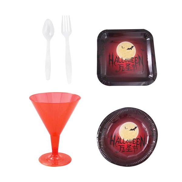 

38pcs halloween планшеты тема бумажные одноразовые пластиковые стаканчики вина вилки ножи одноразовая посуда набор для вечеринок