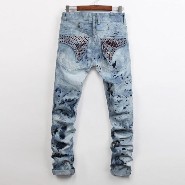 

fashion mens jeans street casual mens jeans fried snowflake jeans nails men slim straight trousers water washes men denim pants cool, Blue