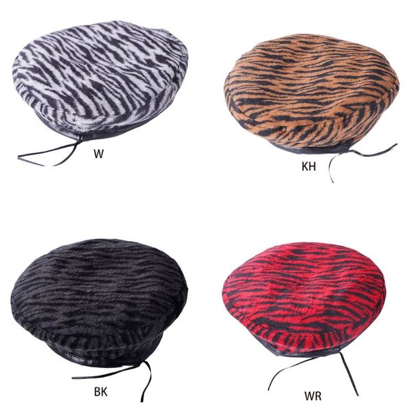 

british style women girls vintage faux felt beret cap animal tigher zebra stripes printed winter adjustable painter beanies hat, Blue;gray