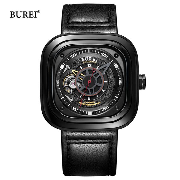 

burei men square dial mechanical watches waterproof leather sapphire automatic wrist watch clock saat relogio masculino, Slivery;brown